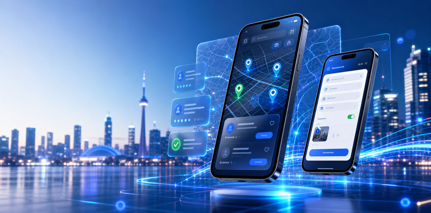 Futuristic mobile part-time job marketplace interface with city and map visuals
